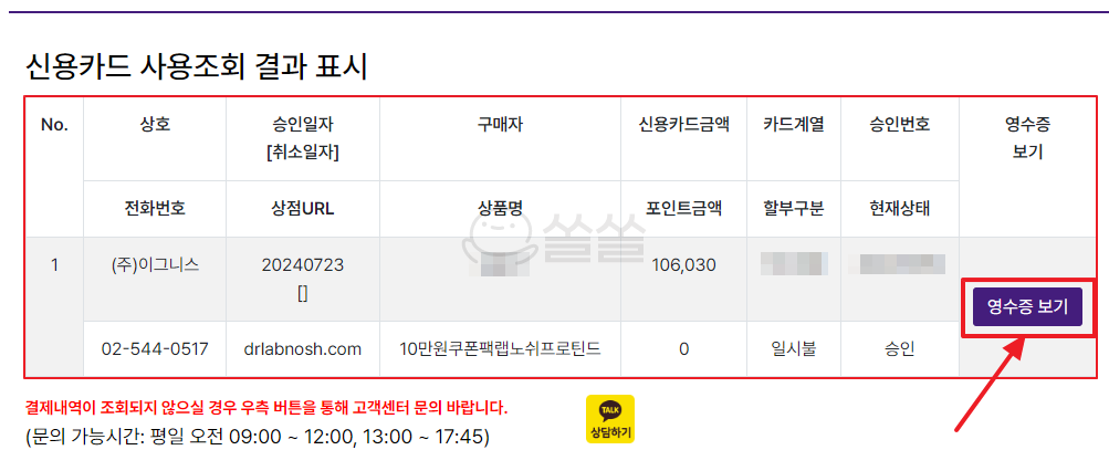 신용카드 사용조회 결과 표시